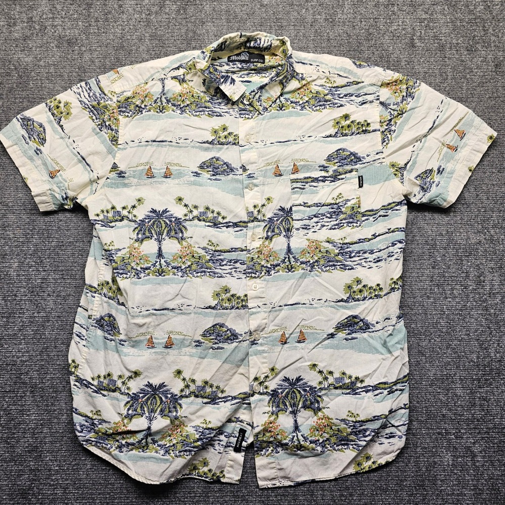 Molokai Surf Co Mens XL Tropical Island Palm Tree Cotton Button Down Shirt